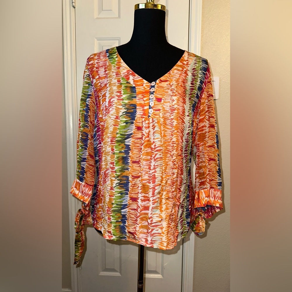 Coldwater Creek Boho Top M Orange Multicolor Silk Lined Tie Sleeve V-Neck